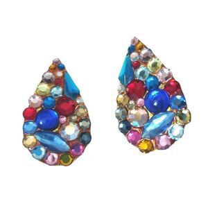 Vintage Multi Color Rhinestone Pear Shape Stud Earrings Statement Clip On